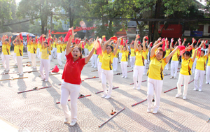 Trên 200 hội viên NCT các phường, thành phố  trình diễn thể dục dưỡng sinh tại hội thao.